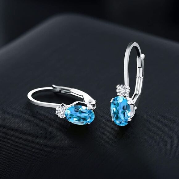 18K White Gold 1.07 Cttw Swiss Blue Topaz and Diamond Leverback Drop Earrings - Picture 2 of 5